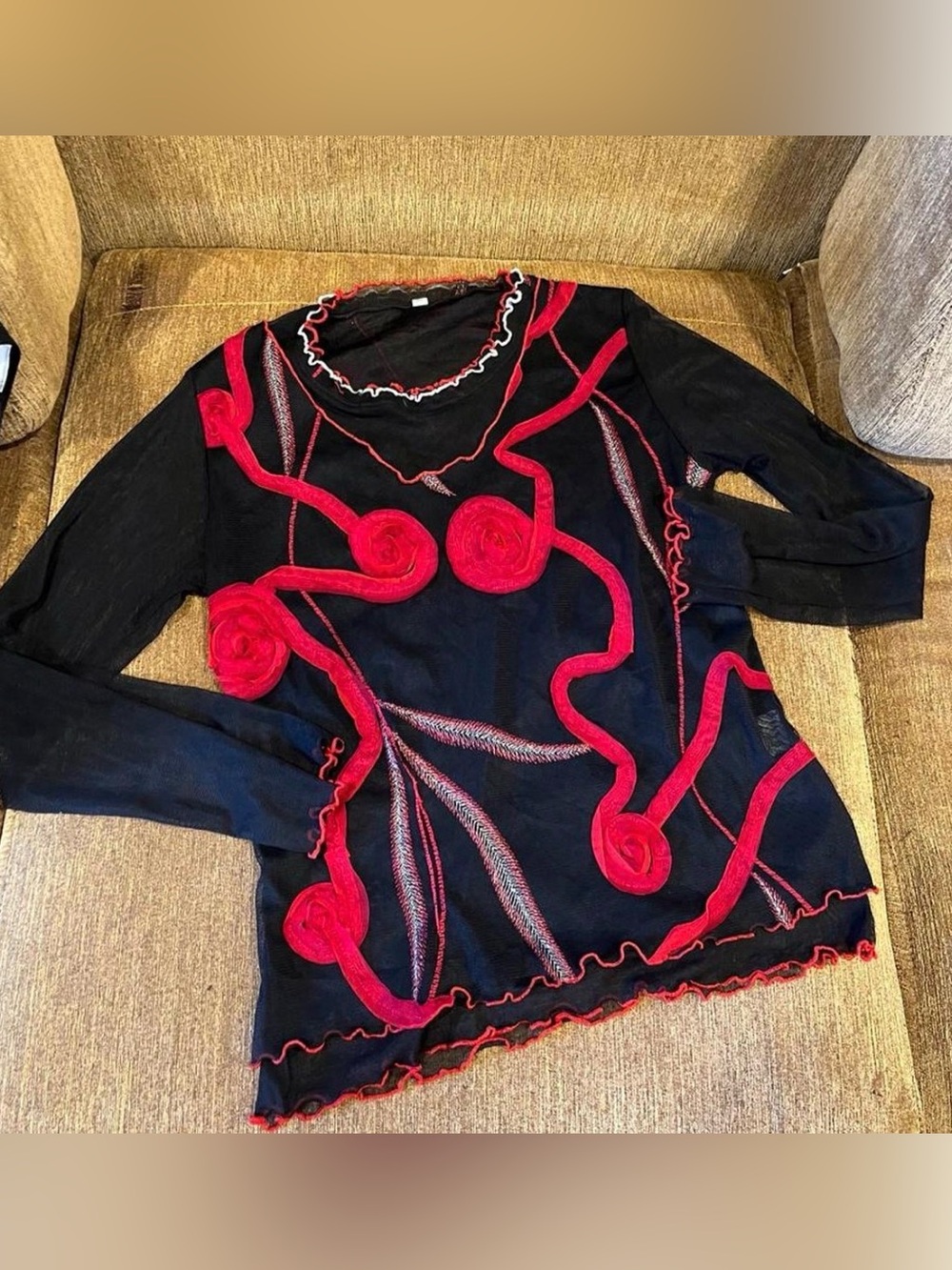 Y2K Euro Mesh Top Avant Garde Black/Red/Silver Ribbon Swirls Florets Lettuce Hem